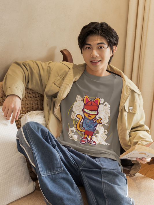 Men HipHop Kitty Grey Oversized T-Shirt