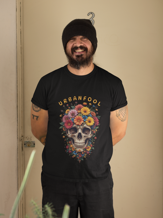 Skull Flower Men Regular Fit Black T-Shirt