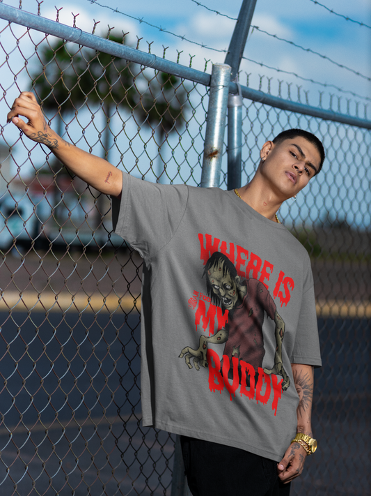 Men My Buddy Grey Oversized T-Shirt
