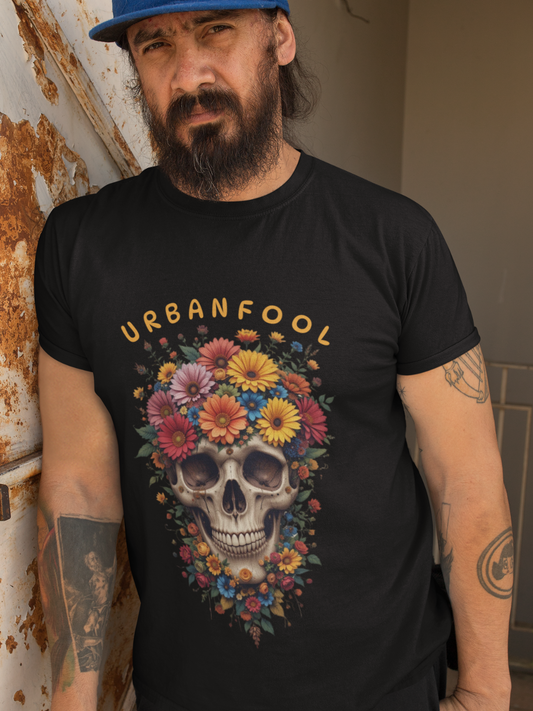 Skull Flower Men Regular Fit Black T-Shirt